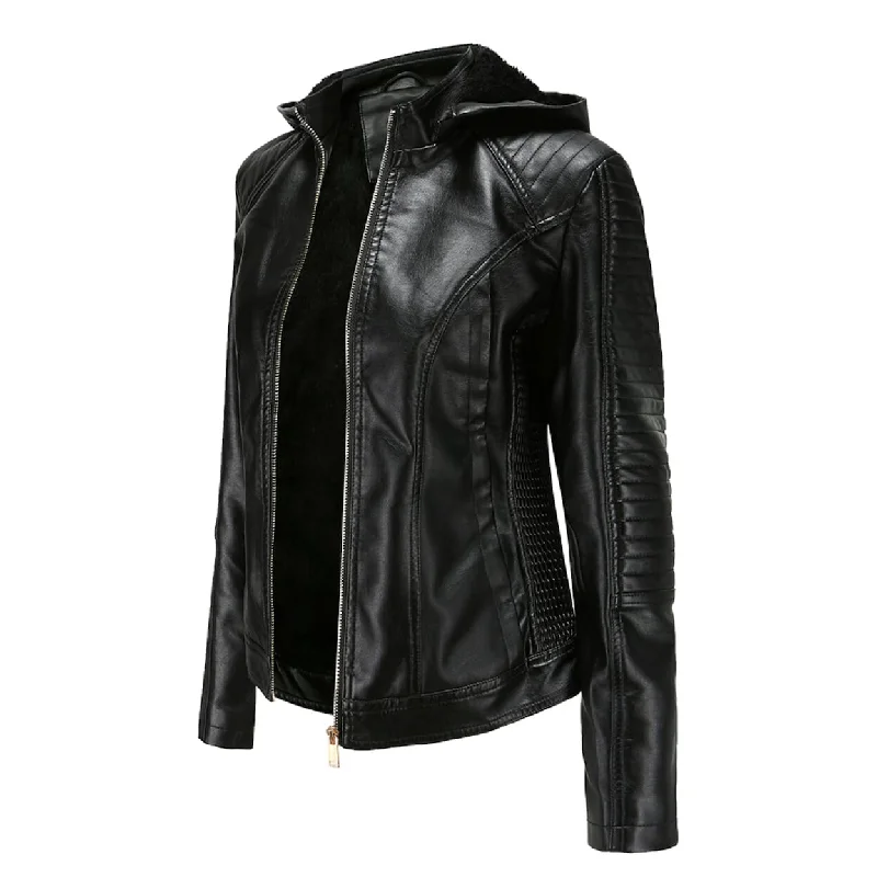 Hooded Vegan Leather Jacket with Inner Fur