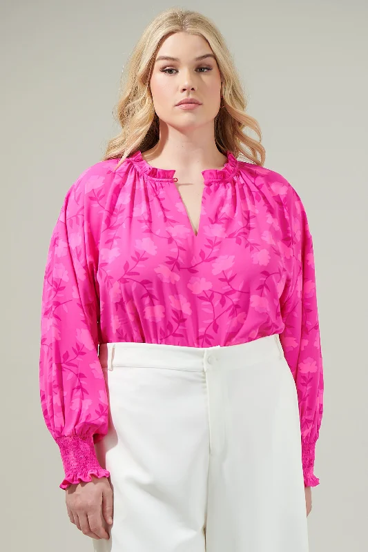 Clever Floral Split Neck Blouse Curve