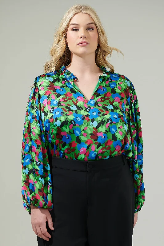 Destine Floral Hathaway Split Neck Long Sleeve Blouse Curve