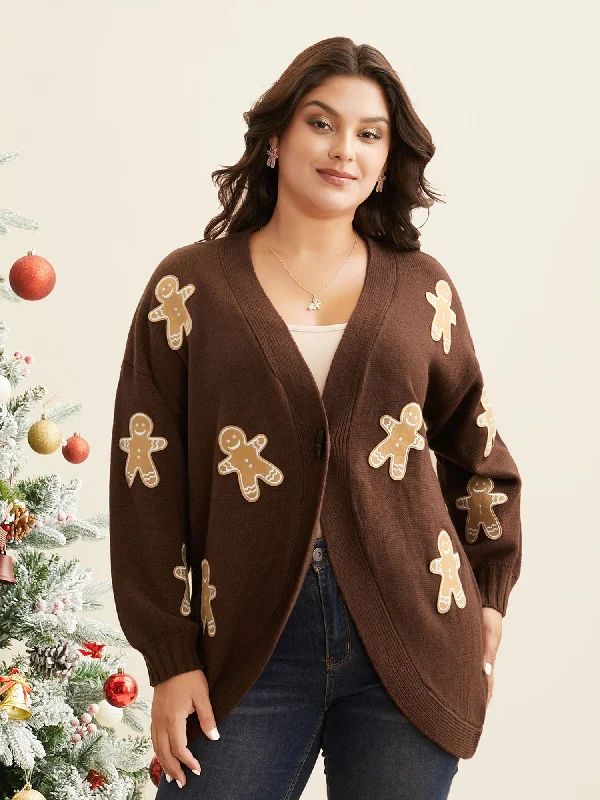 Gingerbread Motifs Arc Hem Button-Front Cardigan