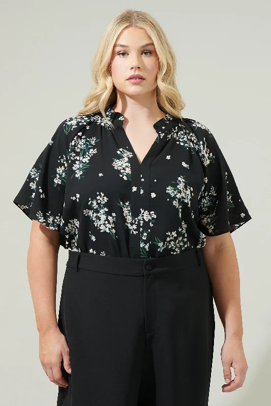 Magnol Floral Ruffle Split Neck Blouse Curve