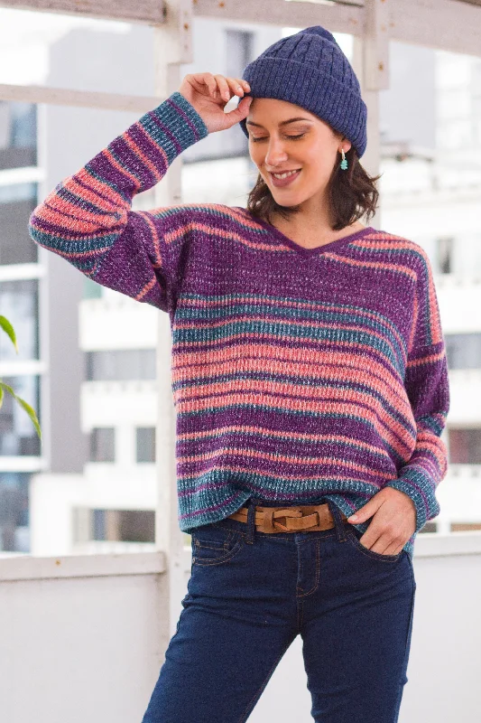 Mesa Sunrise Multi-Color Stripe Alpaca Blend Long Sleeve V-Neck Sweater