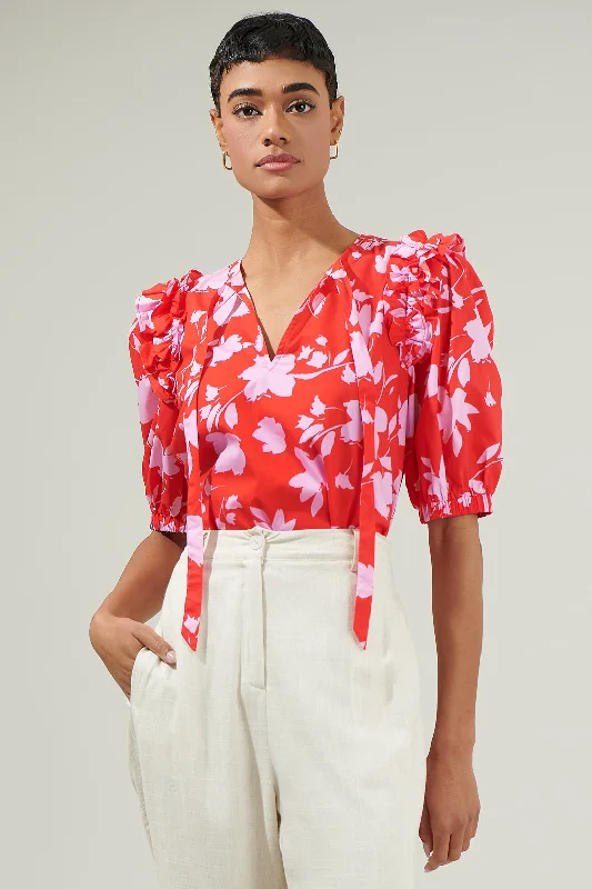 Sunset Floral Noche Tie Neck Blouse