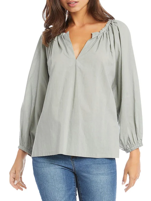 Womens Pleated V-Neck Blouse