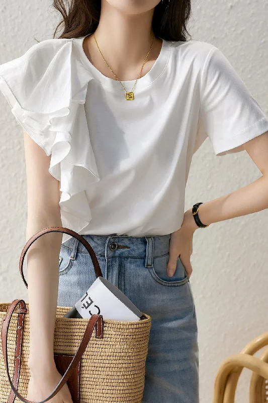 Asymmetrical Contrast Ruffle T-shirt