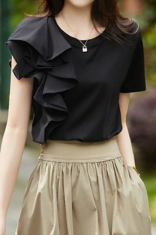 Asymmetrical Contrast Ruffle T-shirt