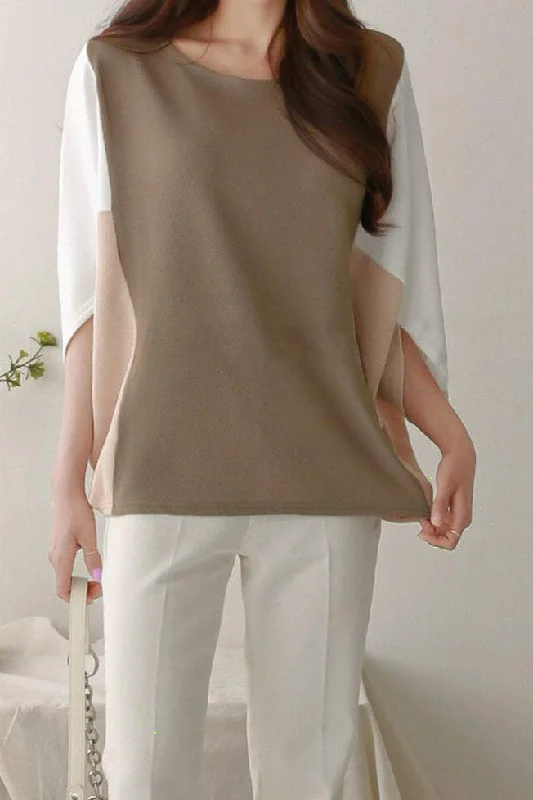 Round Neck Dolman Sleeve Color Block T-shirt - 3 Colors Available