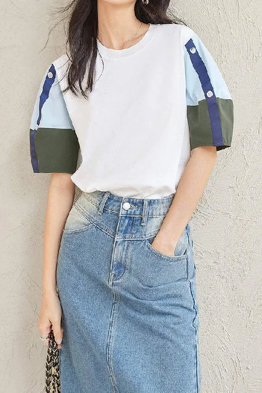 Mock Neck Button Decorated Volume Color Block T-shirt