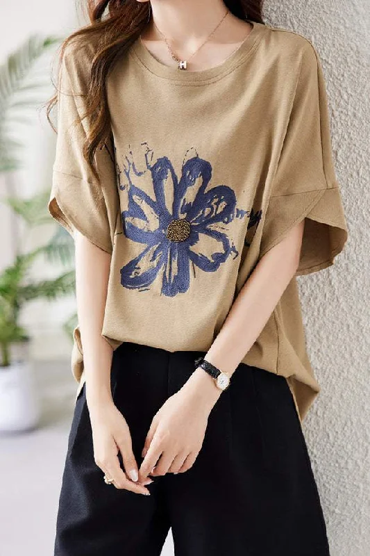 Beaded Decorated Art Flower Print T-shirt