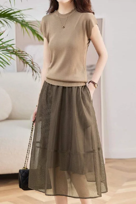 Two-Piece Set: Round Neck French Sleeve T-Shirt + Tulle Long Prairie Skirt with Lining - 3 Colors Available