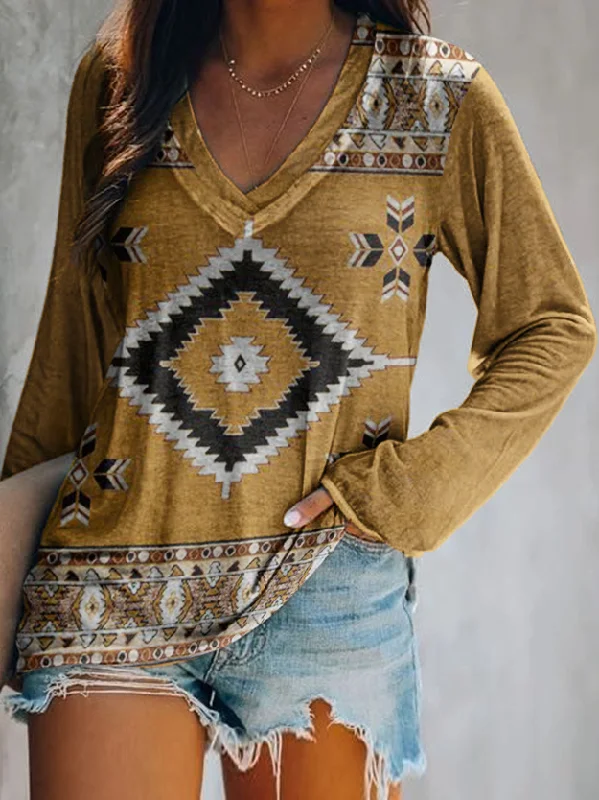 ABSQ3715 - Yellow Aztec Ethnic Geometric Print V Neck Long Sleeve Top