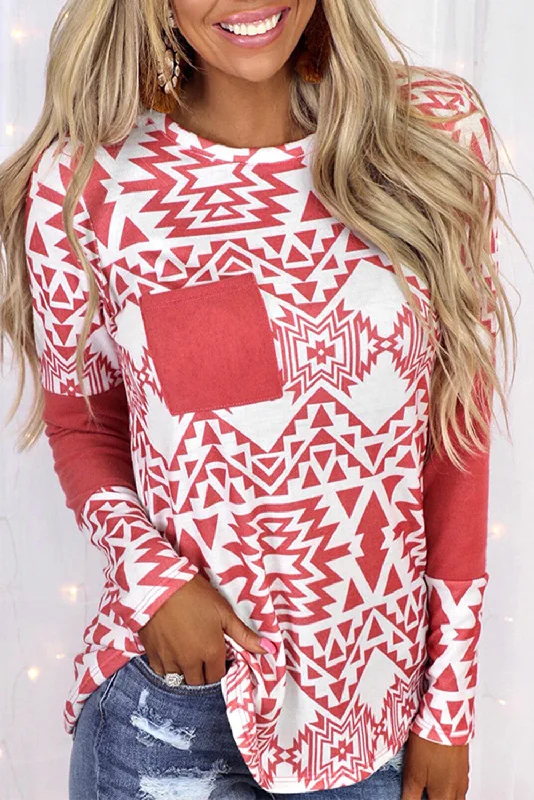 L1417 - Aztec Print Splicing Pocket Long Sleeve Top