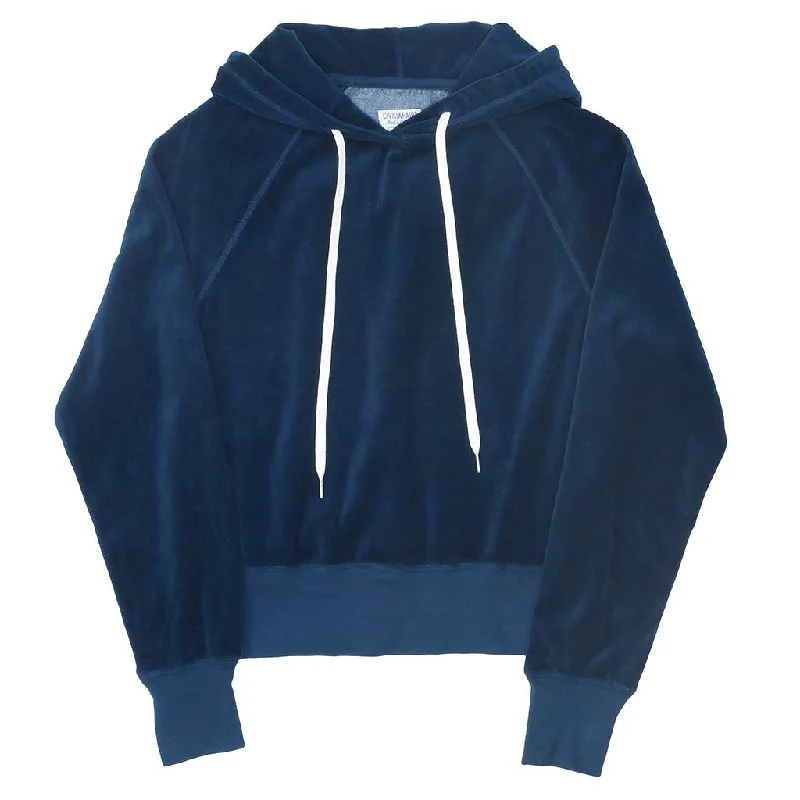 Long Sleeve Cropped Velour Hoodie - Navy