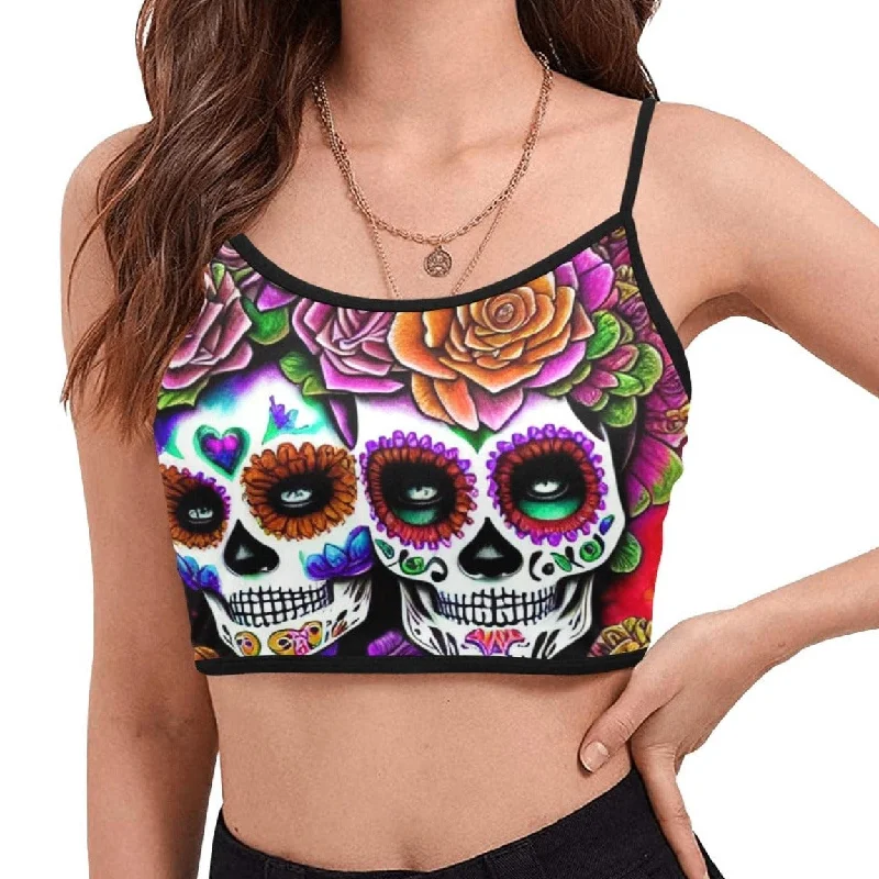 Sugar Skulls Couple Floral Women's Spaghetti Strap Crop Tank Top