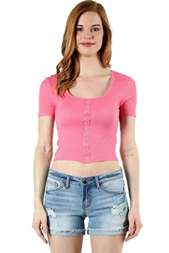 Fashion Secrets Juniors Ribbed Scoop Neck With Faux Snap Button Crop Top Shirt