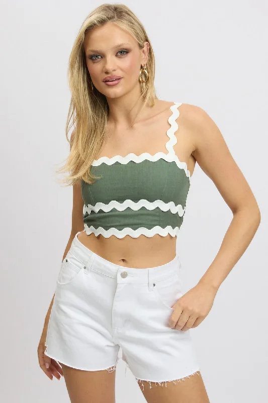 Green Crop Top Sleeveless Shirred Back