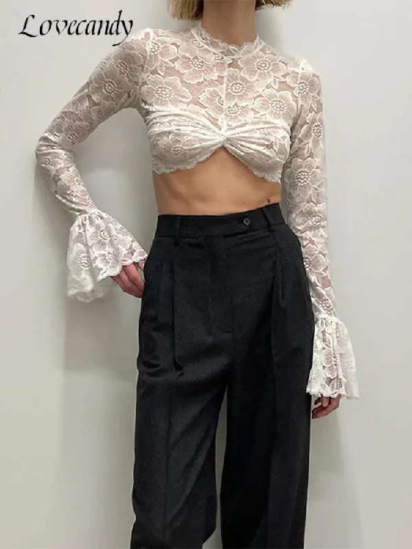 Lace Crochet Crop Top Sexy Womens Flare Long Sleeves O-neck Solid T-shirt 2023 Ladies Fashion Party Club Streetwear Blouse Tops