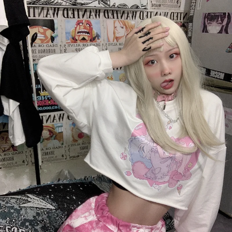 Long Sleeve Harajuku Crop Top for Women Short T Shirt Korean Style Tshirt Croptop Japanese Goth Anime Graphic Pastel Gothic