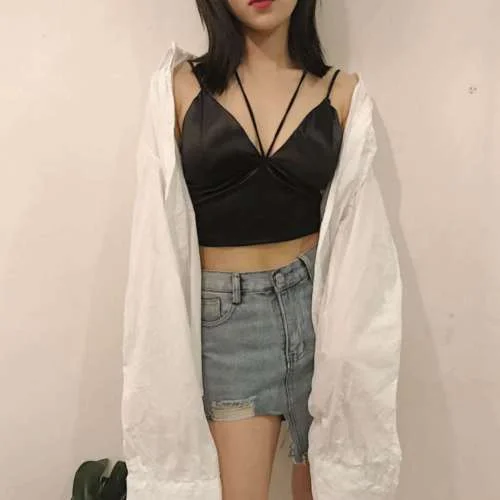 Summer Sexy Satin Beautiful Back Wrap Chest Crop Tops Women Cropped With Chest Padded Camisole