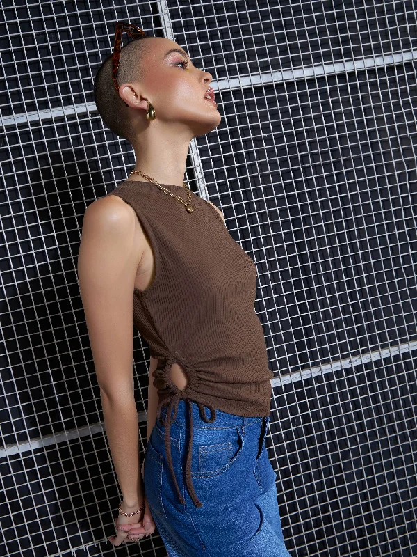 Women Brown Rib Side Ruched Crop Top