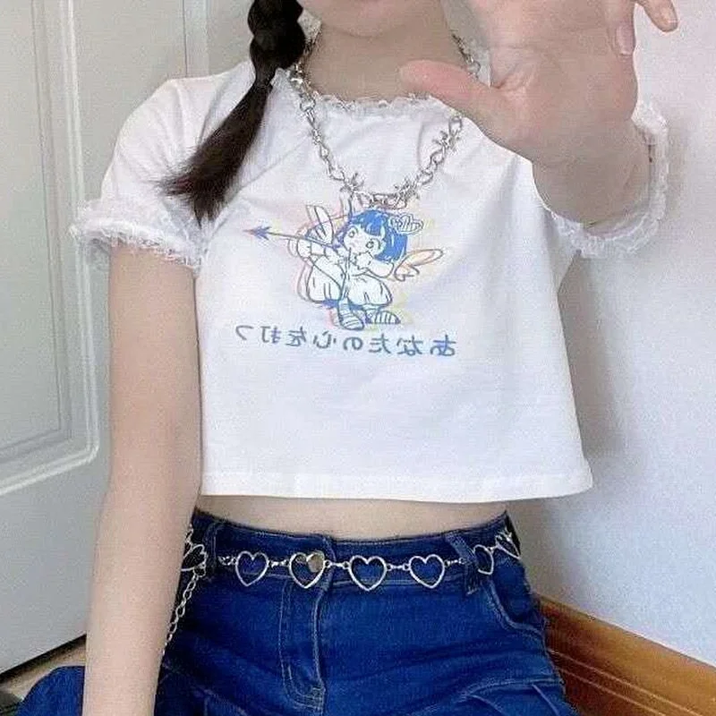 Women Teenage Kawaii Girl Crop Top T Shirt Korean Style Tshirt Short Tee Fairy Core Clothes Cute Fairycore Clothing Croptop