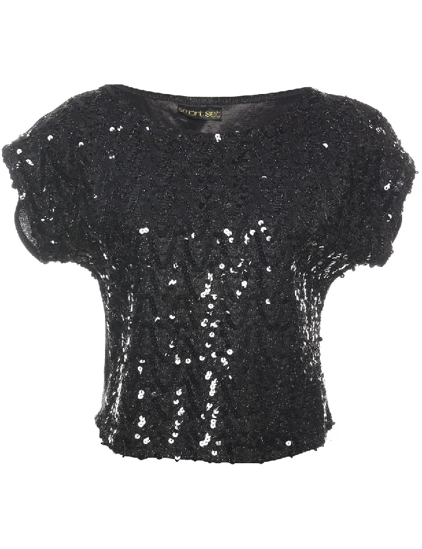 Black Sequined Evening Top - M