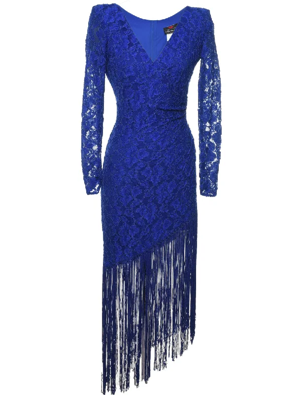 Blue Lace Fringed Asymmetric Hem Evening Dress - M