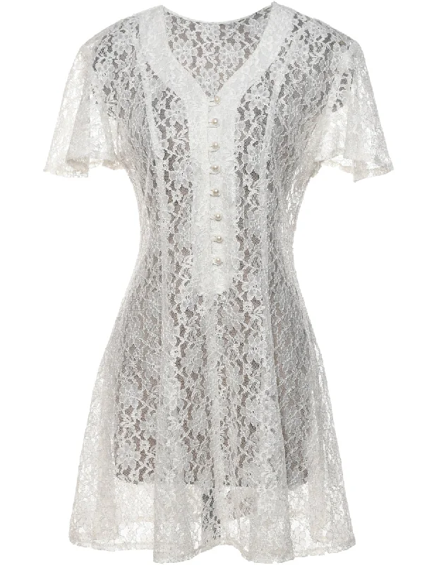 Floral Lace White Sheer Mini Evening Dress - M