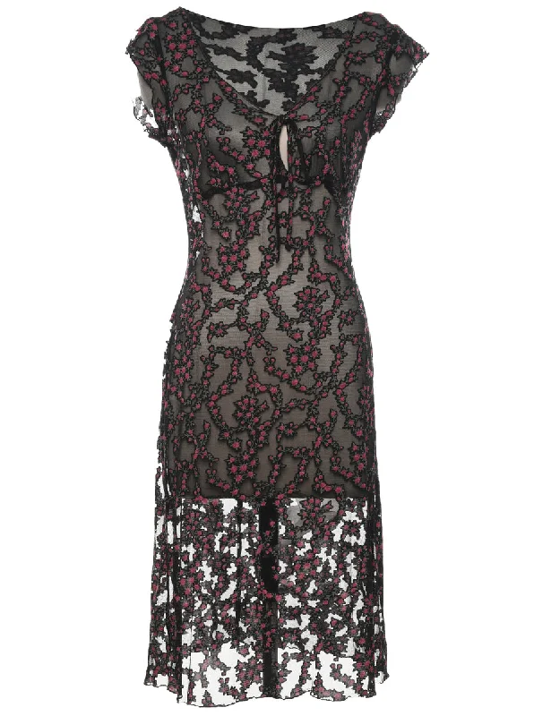 Floral Pattern Lace Black & Red 1990s Evening Dress - M