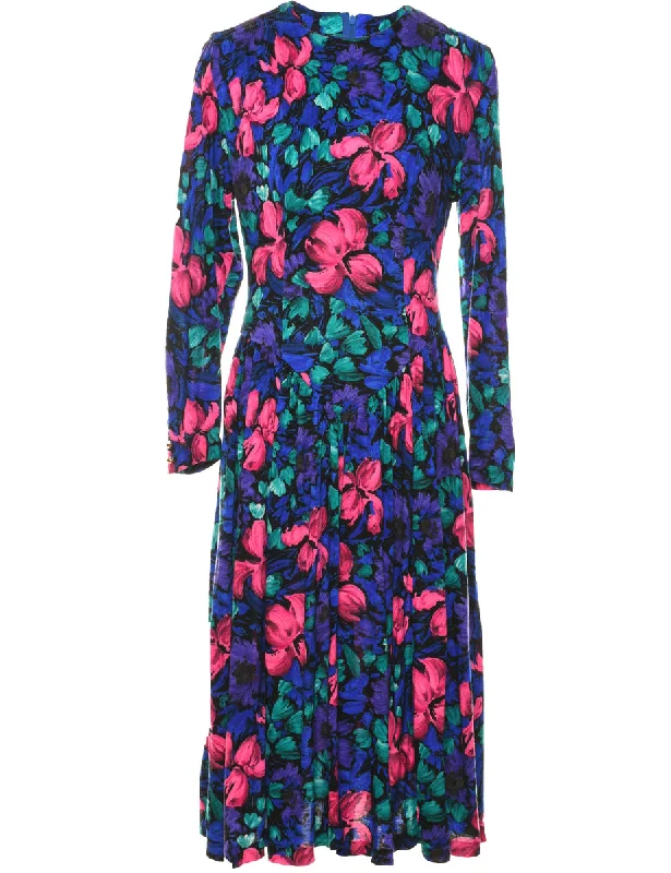 Floral Print 1980s Dress - M