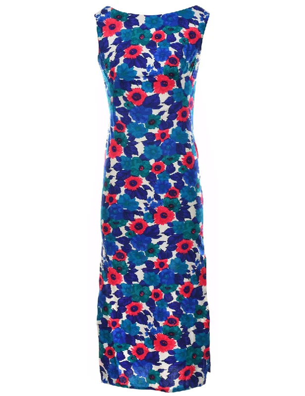 Floral Print Blue, Pink & White 1970s Boat Neck Maxi Dress - S