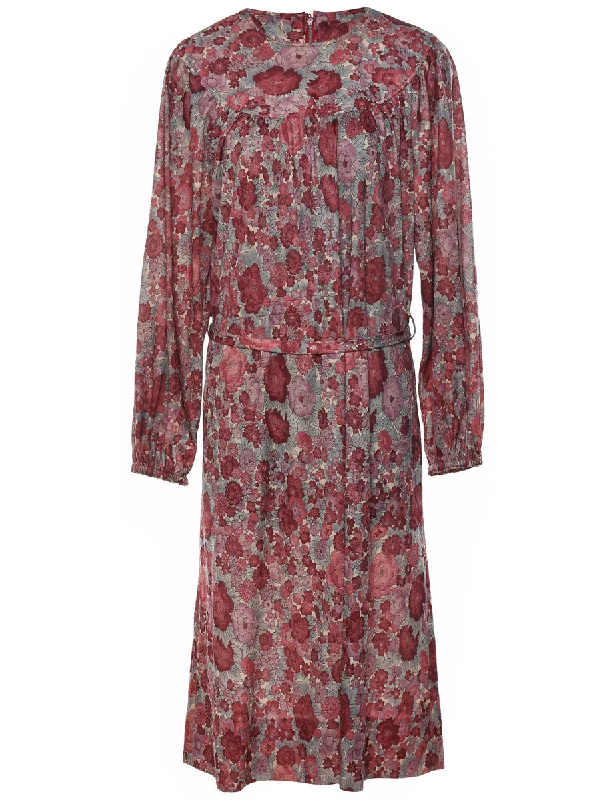 Floral Print Grey & Maroon Long-Sleeve Vintage Dress - M